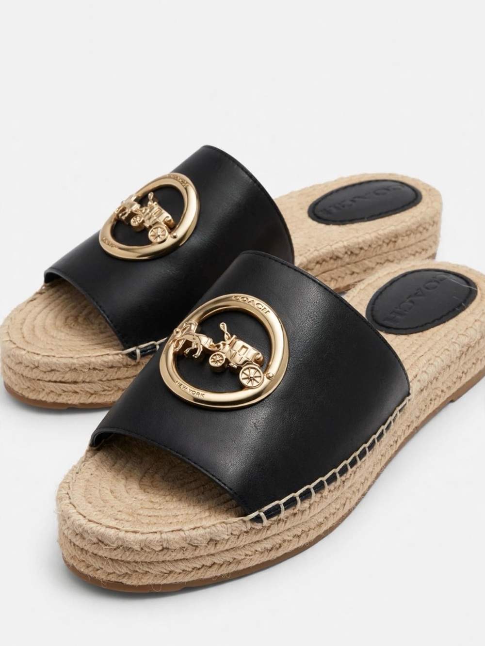 Coach Black Leather Espadrille Slide with Gold Coach Horse & Carriage Emblem